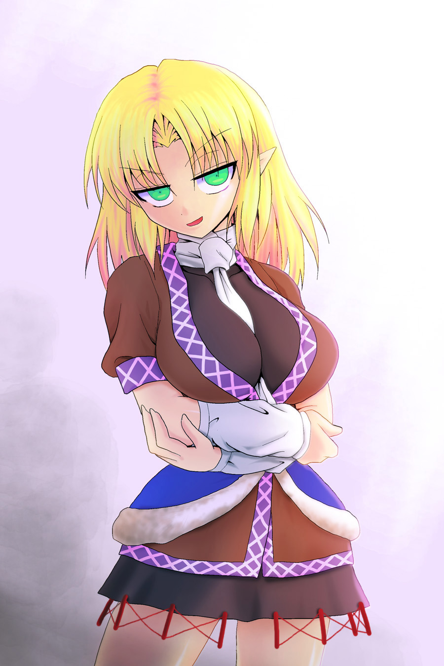 alternate_breast_size between_breasts blonde_hair breast_hold breasts crossed_arms green_eyes highres kamishima_kanon large_breasts mizuhashi_parsee naughty_face open_mouth pointy_ears scarf short_hair smirk solo touhou