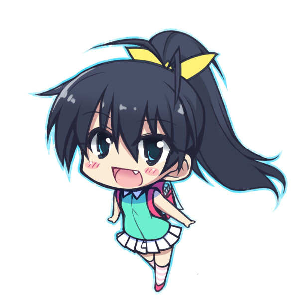 bag black_hair blue_eyes chibi fang ganaha_hibiki idolmaster idolmaster_(classic) ponytail ribbon shiwo skirt solo younger