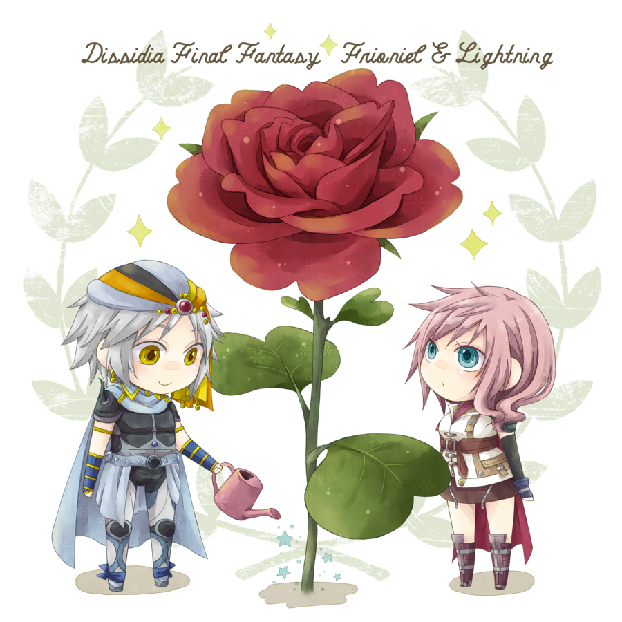 1girl armor bandana blue_eyes boots cape character_name chibi copyright_name dissidia_012_final_fantasy dissidia_final_fantasy earrings final_fantasy final_fantasy_ii final_fantasy_xiii fingerless_gloves flower frioniel gloves grey_hair jewelry lightning_farron pencil_skirt pink_hair rinko-h rose skirt smile sparkle standing watering_can yellow_eyes