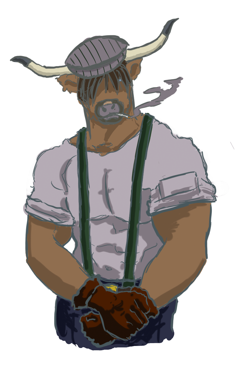 bovine cattle gloves hi_res horn male mammal muscles object_in_mouth plain_background safe smoking solo stetson suspenders transparent_background