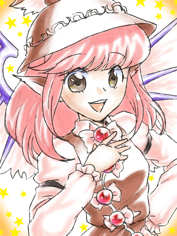 :d alternate_hair_length alternate_hairstyle animal_ears arm_garter bad_id bad_pixiv_id brown_eyes faux_traditional_media hand_on_own_chest hat long_sleeves mystia_lorelei open_mouth pink_hair short_hair smile solo star touhou wings yamami-hosyo
