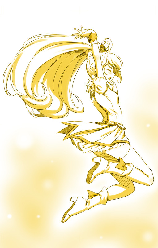 arms_up bike_shorts blush closed_eyes cure_peace hair_flaps jumping kazuma_muramasa kise_yayoi long_hair monochrome outstretched_arm ponytail precure profile shorts shorts_under_skirt smile_precure! solo yellow