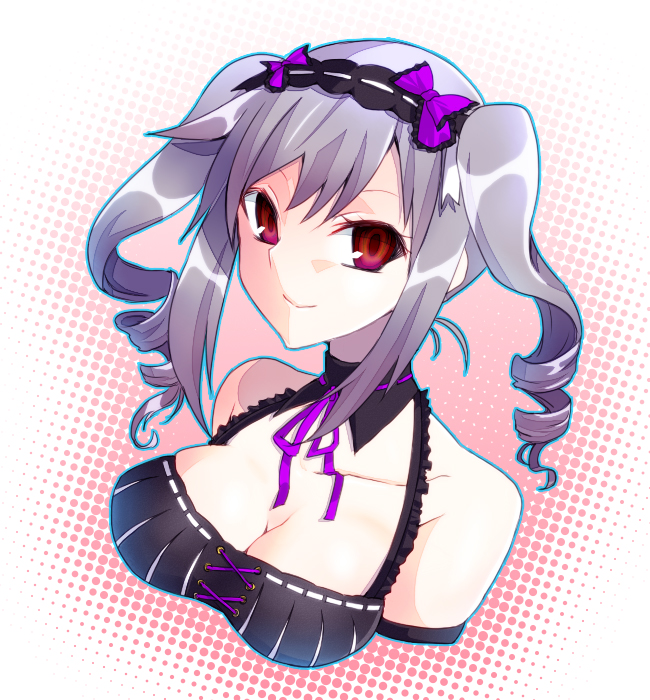 blush breasts cleavage dress drill_hair grey_hair idolmaster idolmaster_cinderella_girls kanzaki_ranko large_breasts long_hair red_eyes smile solo twin_drills twintails yakou_(innocent_chapel)