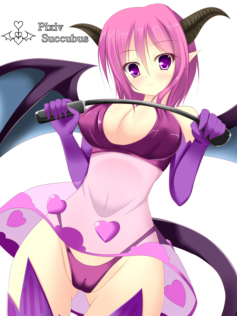 breasts cameltoe cleavage demon_girl demon_tail demon_wings elbow_gloves gloves heart horns jiuniang_(anonmyth) large_breasts looking_at_viewer luxuria navel pink_hair pixiv_succubus pointy_ears purple_eyes purple_gloves purple_legwear see-through short_hair simple_background smile solo succubus tail thigh_gap thighhighs whip white_background wings
