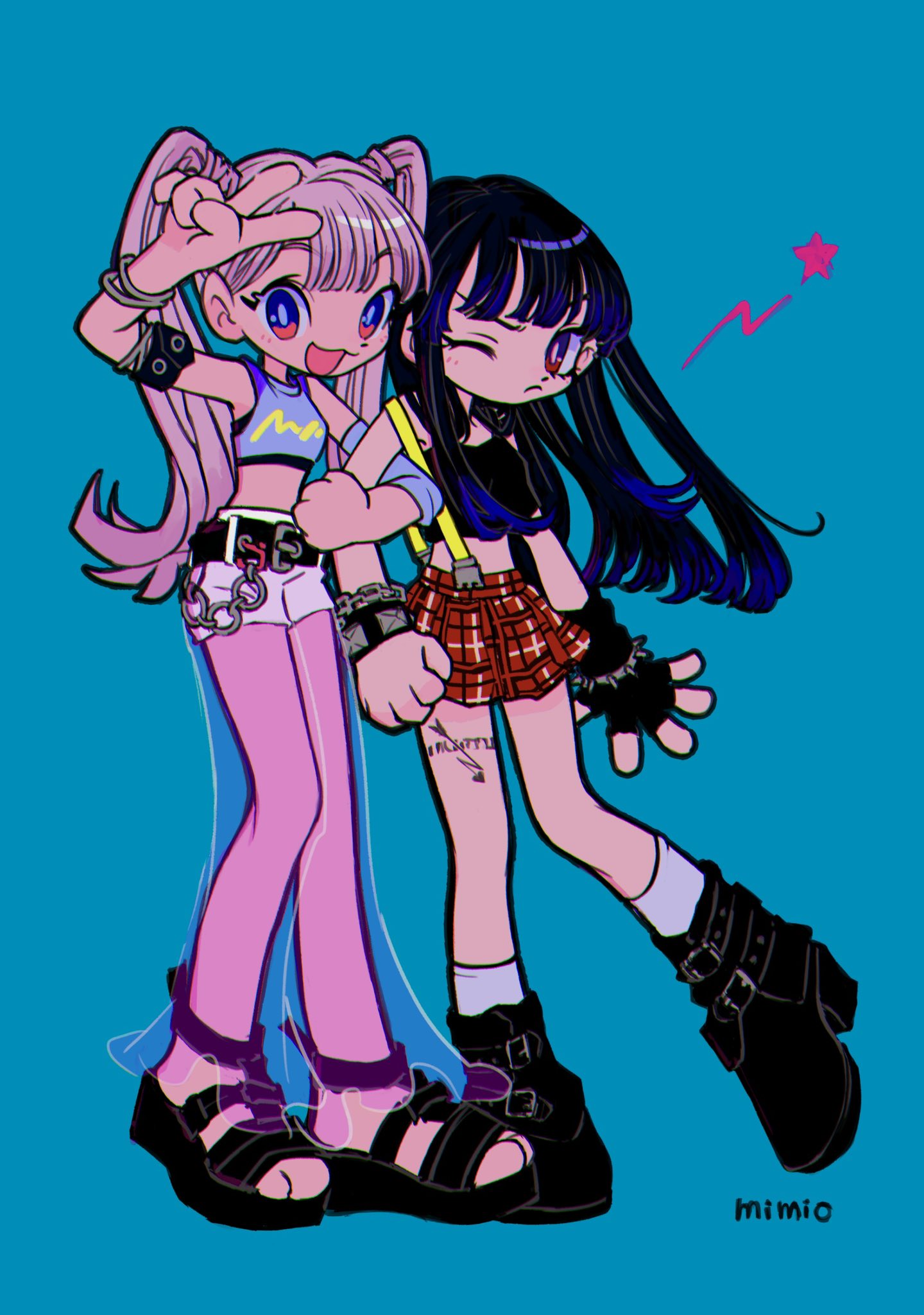 :3 annoyed aqua_background arm_grab arm_up arm_warmers armlet arms_at_sides artist_name belt black_belt black_footwear black_gloves black_hair black_shirt blue_eyes blue_hair blunt_bangs boots bracelet bright_pupils chain chain_bracelet clenched_hand colored_tips crop_top detached_sleeves dot_nose double-parted_bangs fingerless_gloves frown full_body gloves hair_flaps happy highres jewelry leg_tattoo locked_arms looking_at_another looking_at_viewer mi-mi-o midriff multicolored_hair multiple_bracelets one_eye_closed open_mouth original pink_hair plaid plaid_skirt red_eyes red_skirt sandals see-through see-through_skirt shirt shorts simple_background single_arm_warmer single_detached_sleeve single_glove skirt sleeveless socks standing standing_on_one_leg star_(symbol) strap studded_bracelet tattoo three_quarter_view twintails two-tone_eyes v white_pupils white_shorts white_socks wispy_bangs