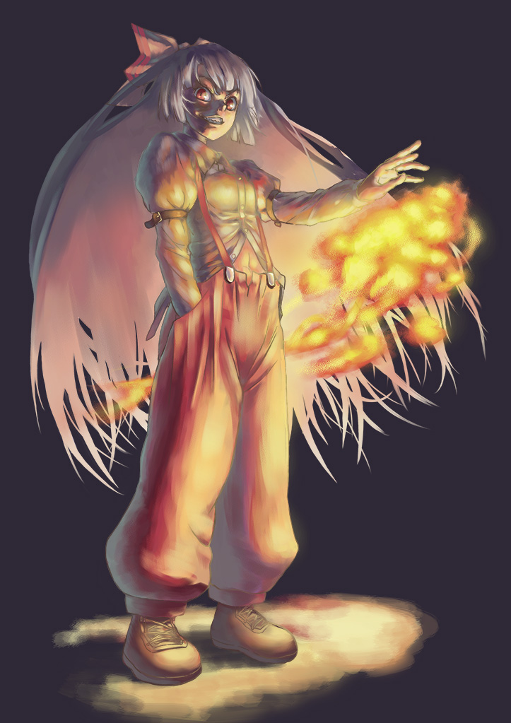 cuboon explosion fire flame fujiwara_no_mokou long_sleeves pants shaded_face solo standing suspenders touhou
