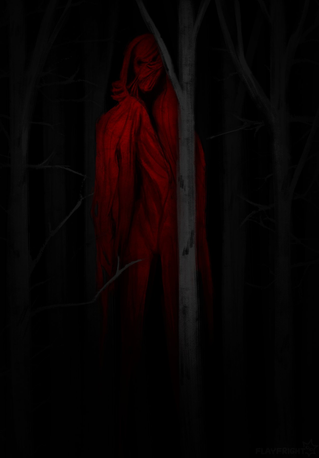 2024 ambiguous_gender black_eyes branch clothed clothing detailed_background digital_media_(artwork) face_covered flayfright forest hi_res hidden hidden_face hood horror_(theme) looking_at_viewer monster plant red_clothing scary solo standing tall tree