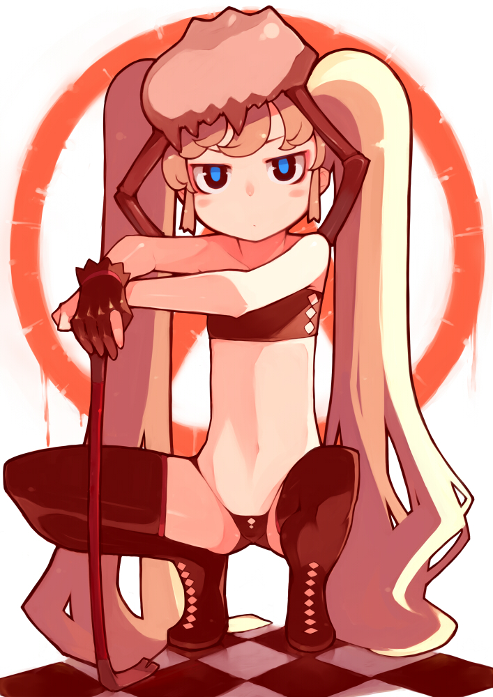 animal animal_on_head bachera bandeau bare_shoulders blonde_hair blue_eyes boots checkered checkered_floor crowbar flat_chest gloves half-life half-life_2 headcrab jitome long_hair midriff navel object_on_head on_head single_glove solo squatting thighhighs twintails very_long_hair