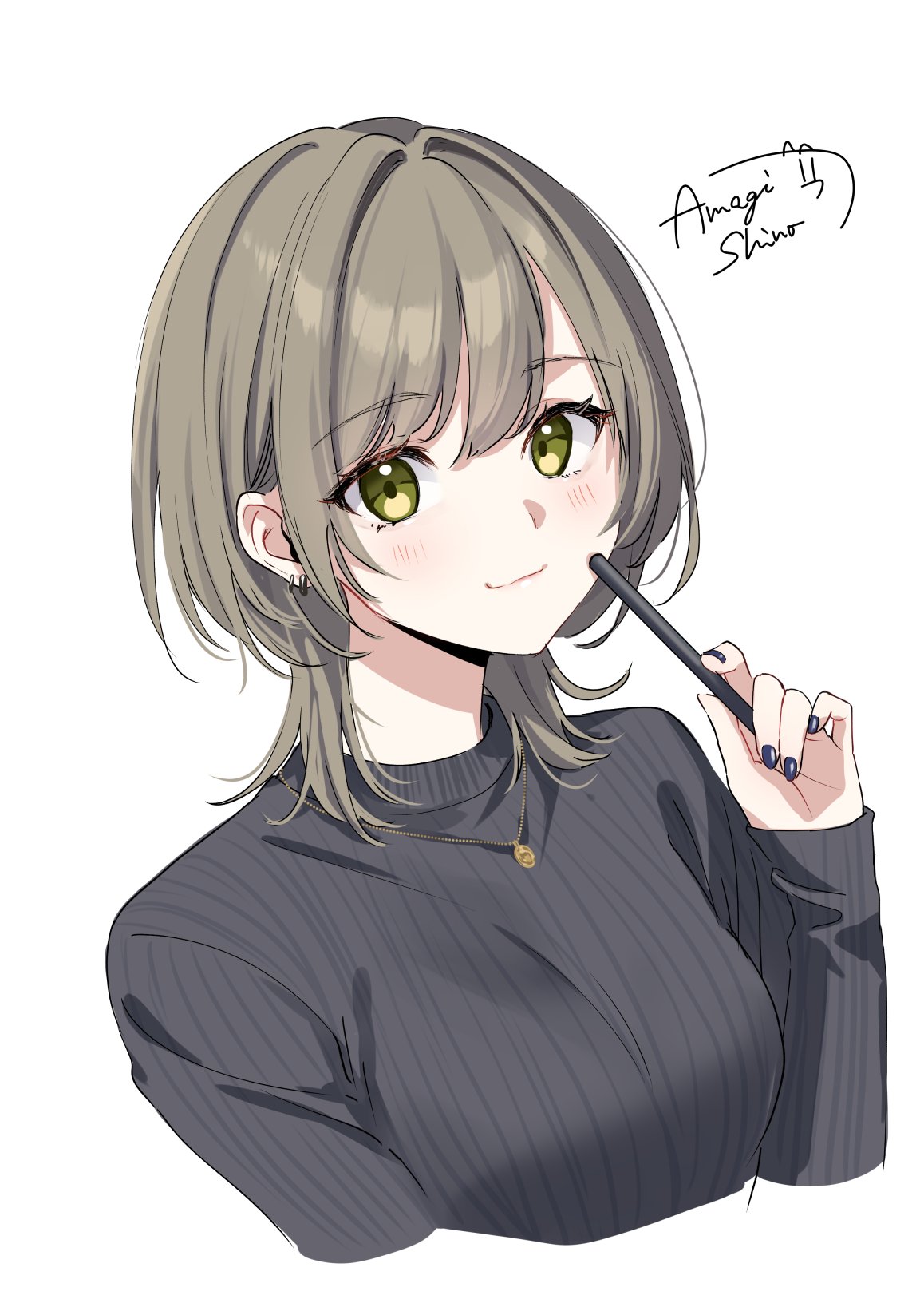 1girl amagi_shino arm_at_side black_nails black_sweater blush closed_mouth cropped_torso green_eyes grey_hair hair_between_eyes hair_intakes hand_up highres holding holding_stylus jewelry looking_at_viewer medium_hair nail_polish original pendant ribbed_sweater sidelocks signature simple_background smile solo stylus sweater white_background wolf_cut