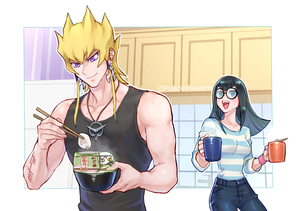 1boy 1girl arm_tattoo black_hair black_tank_top blonde_hair blue_eyes breasts cabinet carly_nagisa chopsticks coffee coffee_mug collarbone couple cup cup_ramen dangle_earrings denim earrings eating faucet food glasses holding holding_chopsticks holding_cup instant_ramen izapara jack_atlas jeans jewelry kitchen long_hair medium_breasts mug muscular muscular_male noodles open_mouth pants pendant purple_eyes ramen refrigerator round_eyewear shirt short_hair short_hair_with_long_locks smile spiked_hair striped_clothes striped_shirt tank_top tattoo teeth tile_wall tiles tongue upper_teeth_only yu-gi-oh! yu-gi-oh!_5d's