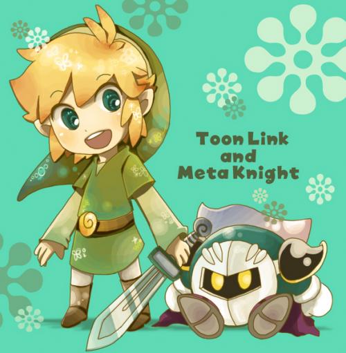 blonde_hair cape gloves green_eyes hat holding holding_sword holding_weapon kirby_(series) left-handed link mask meta_knight mitsubachi_koucha multiple_boys smile super_smash_bros. sword the_legend_of_zelda toon_link weapon yellow_eyes