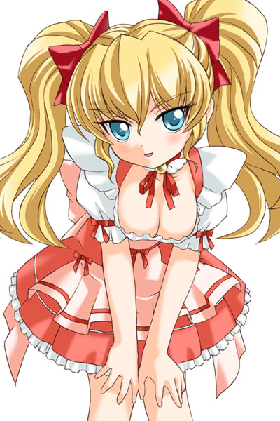 apron aqua_eyes bangs blonde_hair blush bow breasts cleavage closed_eyes daikuuji_ayu detached_collar downblouse dress frilled_dress frills hair_bow head_tilt kimi_ga_nozomu_eien large_breasts long_hair non-web_source parted_lips pink_apron red_bow red_dress red_ribbon ribbon short_sleeves sima solo twintails waitress white_background