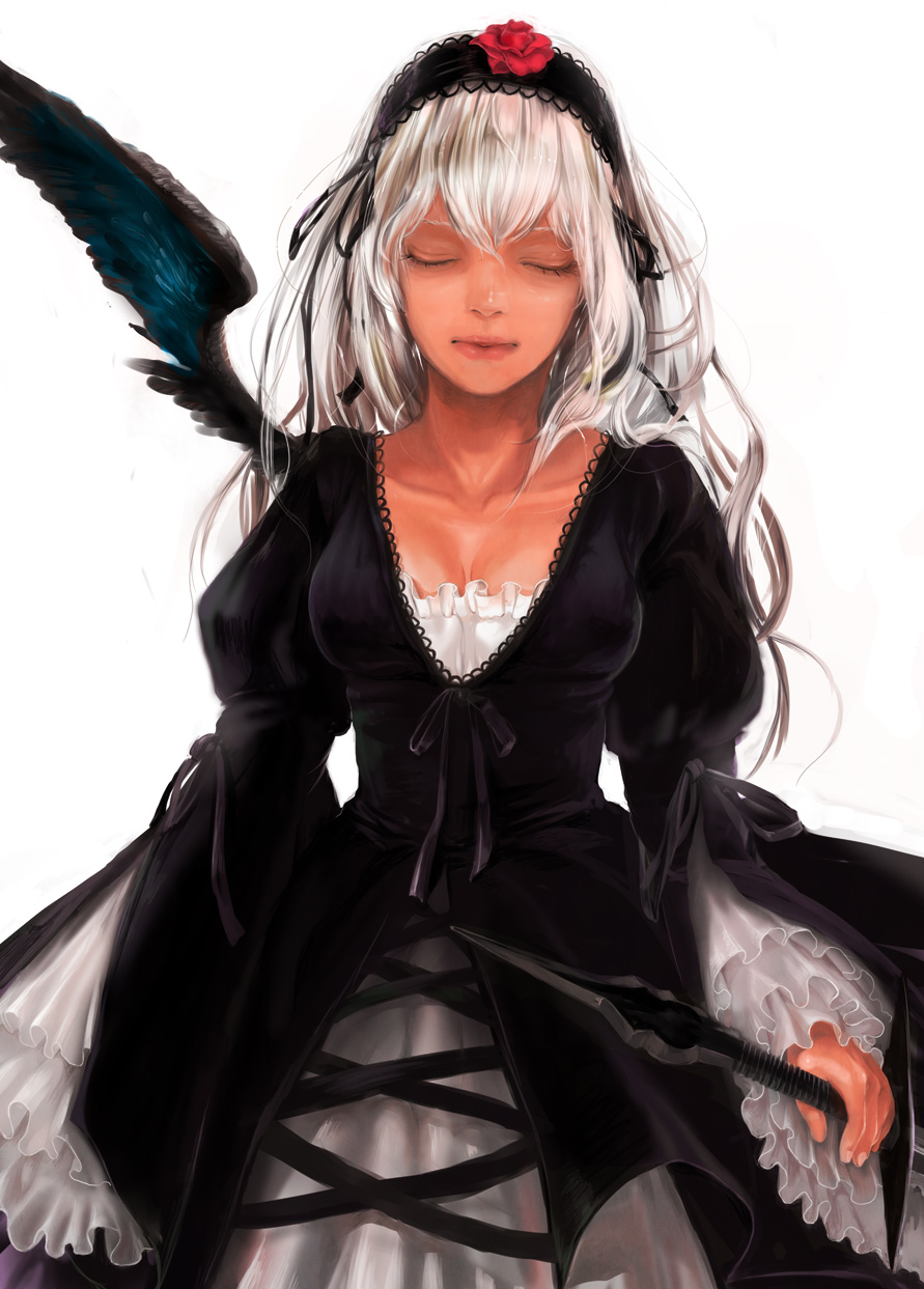 8981 bad_id bad_pixiv_id breasts closed_eyes dress frills hairband highres medium_breasts rozen_maiden silver_hair solo suigintou sword weapon wings