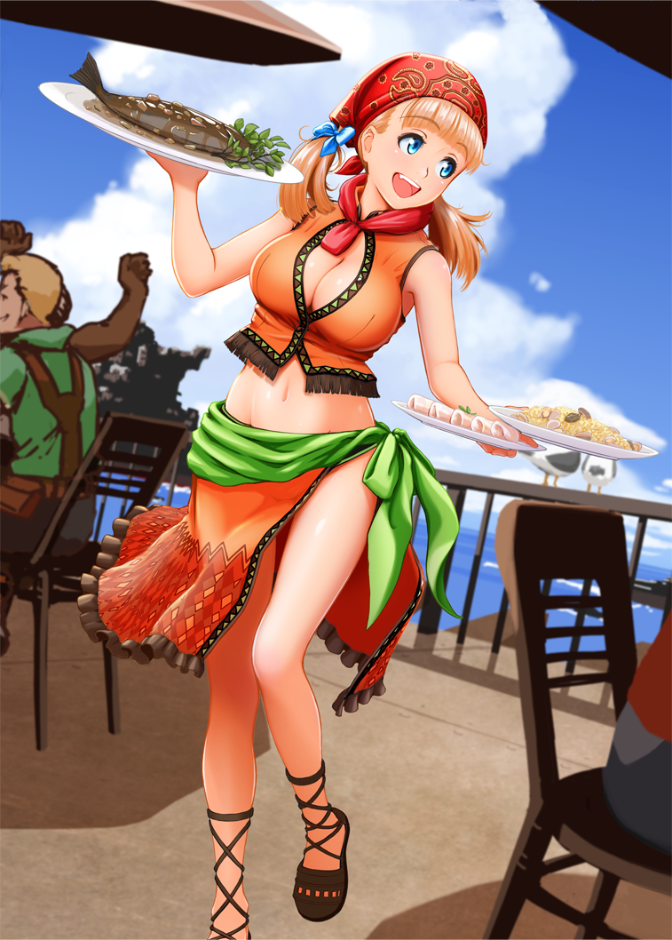 :d ankle_lace-up bad_id bad_pixiv_id bird blonde_hair blue_eyes breasts chair cleavage cloud cross-laced_footwear day dual_wielding fang food fringe_trim full_body gargantia_contest head_scarf holding large_breasts long_hair midriff nanahime navel ocean open_mouth original plate railing ribbon sandals seagull shade shoes skirt sky smile solo_focus suisei_no_gargantia twintails waitress water