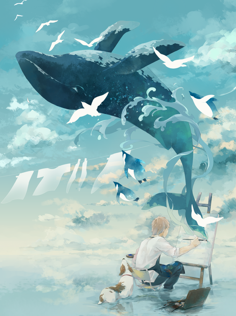 animal apron art_brush bird canvas_(object) chair clothesline cloud dog easel flying_whale laundry original paintbrush painting penguin short_hair silhouette sitting sky surreal water whale zakka_(d-o-t)