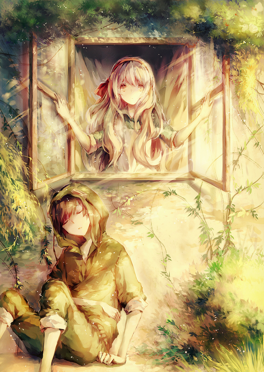 1girl black_hair blonde_hair brown_eyes closed_eyes from_outside hair_ribbon highres hood hoodie kagerou_project kozakura_marry leclle long_hair looking_out_window ribbon seto_kousuke short_hair sleeping souzou_forest_(vocaloid) vocaloid window
