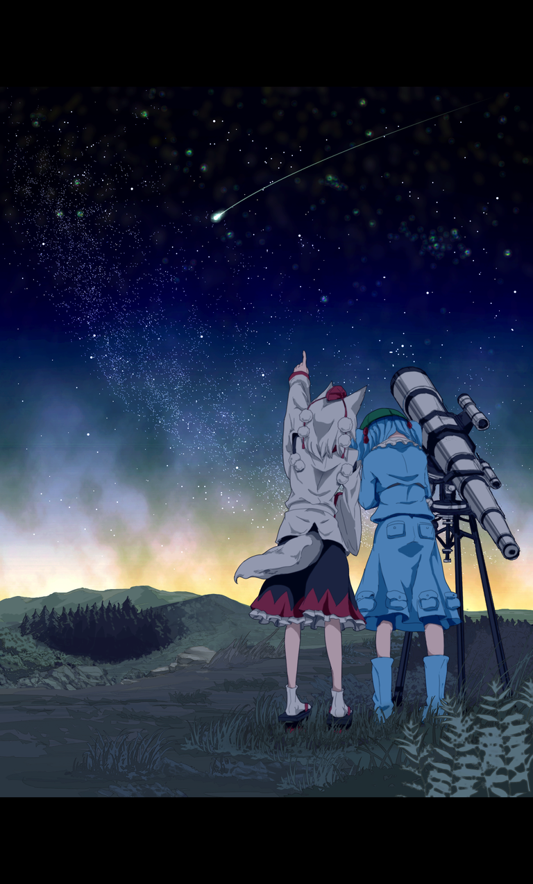 animal_ears blue_hair boots detached_sleeves forest from_behind geta grass hair_bobbles hair_ornament hat highres inubashiri_momiji kawashiro_nitori keckle letterboxed mountain multiple_girls nature pointing rock rubber_boots shooting_star short_hair skirt skirt_set sky star_(sky) stargazing starry_sky tabi tail telescope tengu-geta tokin_hat touhou twilight two_side_up white_hair wolf_ears wolf_tail