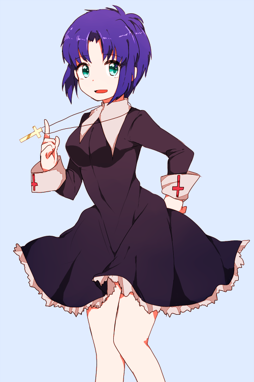 bad_id bad_pixiv_id blue_hair breasts ciel cross dress green_eyes jewelry medium_breasts necklace short_hair simple_background smile solo surumeider tsukihime