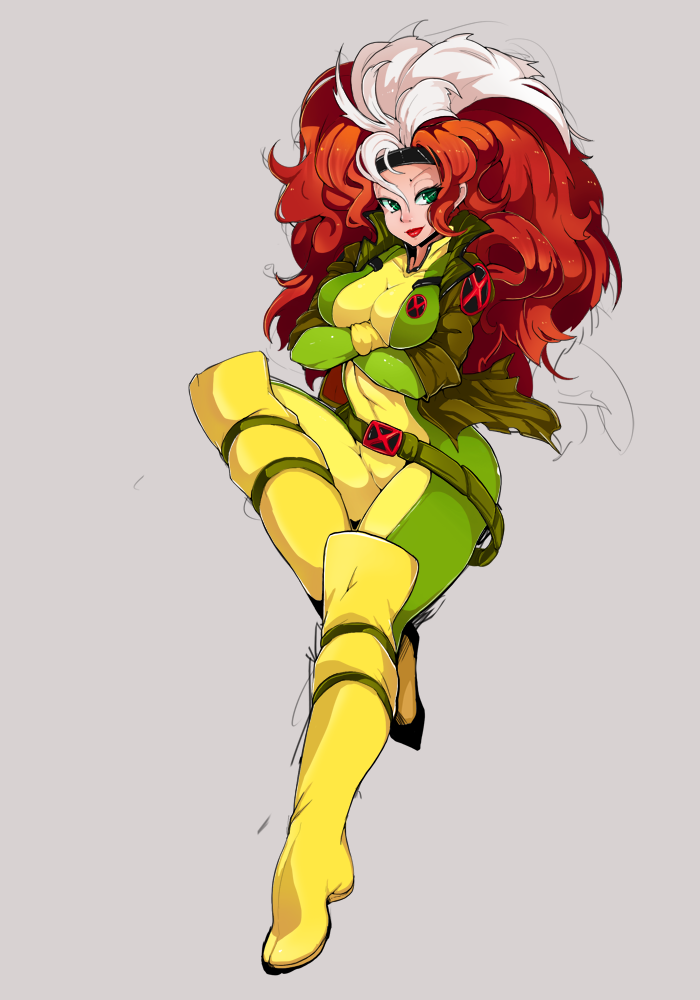 bad_id bad_tumblr_id belt big_hair bodysuit boots breasts commentary crossed_arms curvy green_bodysuit green_eyes headband jacket large_breasts lipstick long_hair makeup marvel multicolored multicolored_bodysuit multicolored_clothes multicolored_hair red_hair rogue_(x-men) simple_background slugbox smirk solo thigh_boots thighhighs two-tone_hair white_hair x-men yellow_bodysuit