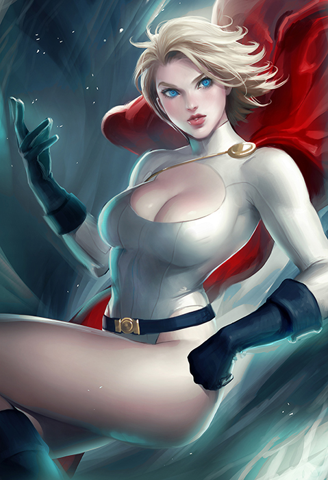 banned_artist belt blonde_hair blue_eyes breasts cape cleavage cleavage_cutout dc_comics gloves large_breasts leotard lips power_girl sakimichan short_hair solo