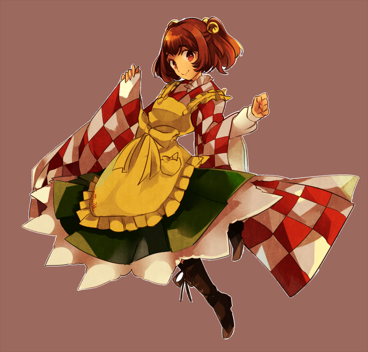 apron bell boots checkered cross-laced_footwear full_body hair_bell hair_ornament japanese_clothes lace-up_boots motoori_kosuzu neko_ni_chikyuu orange_eyes orange_hair simple_background smile touhou two_side_up wide_sleeves