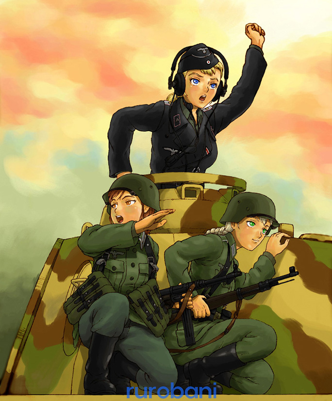 artist_name blonde_hair blue_eyes bolt_action boots braid brown_eyes brown_hair cloud garrison_cap germany green_eyes ground_vehicle gun hat headphones helmet long_hair mauser_98 military military_hat military_uniform military_vehicle motor_vehicle mp40 multiple_girls original panzerkampfwagen_panther rifle rurobani silver_hair single_braid soldier stahlhelm submachine_gun tank throat_microphone uniform weapon world_war_ii