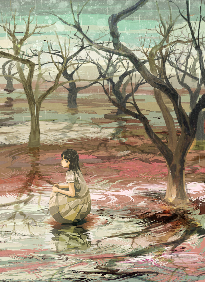 bare_tree black_eyes black_hair dress gemi long_hair looking_at_viewer original puddle rain solo squatting tree water wet wet_hair