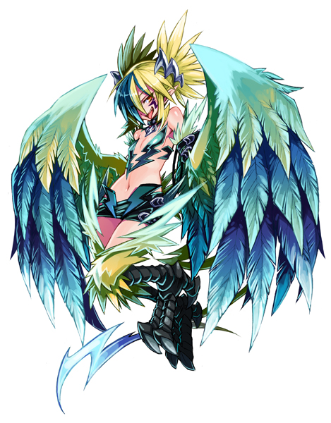 bare_shoulders blonde_hair blue_hair feathers hair_ornament hairclip harpy kenkou_cross leather lightning_bolt mamono_girl_lover midriff monster_girl monster_girl_encyclopedia multicolored_hair one_eye_covered open_mouth talons text thunderbird_(mamono_girl_lover) tongue tongue_out twintails two-tone_hair wings