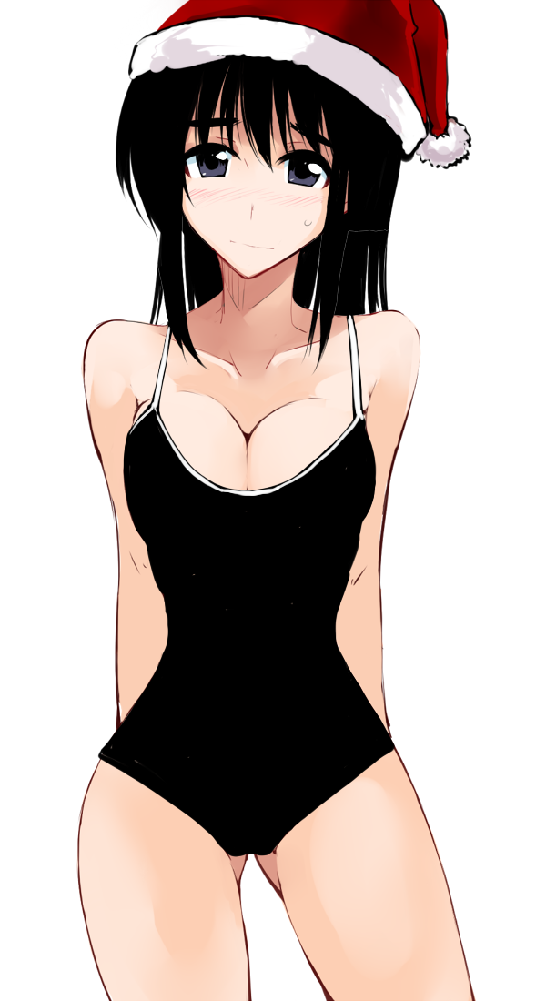 black_eyes black_hair blush breasts christmas cleavage competition_school_swimsuit cosaten hat large_breasts long_hair one-piece_swimsuit santa_hat school_rumble school_uniform solo suou_mikoto sweatdrop swimsuit
