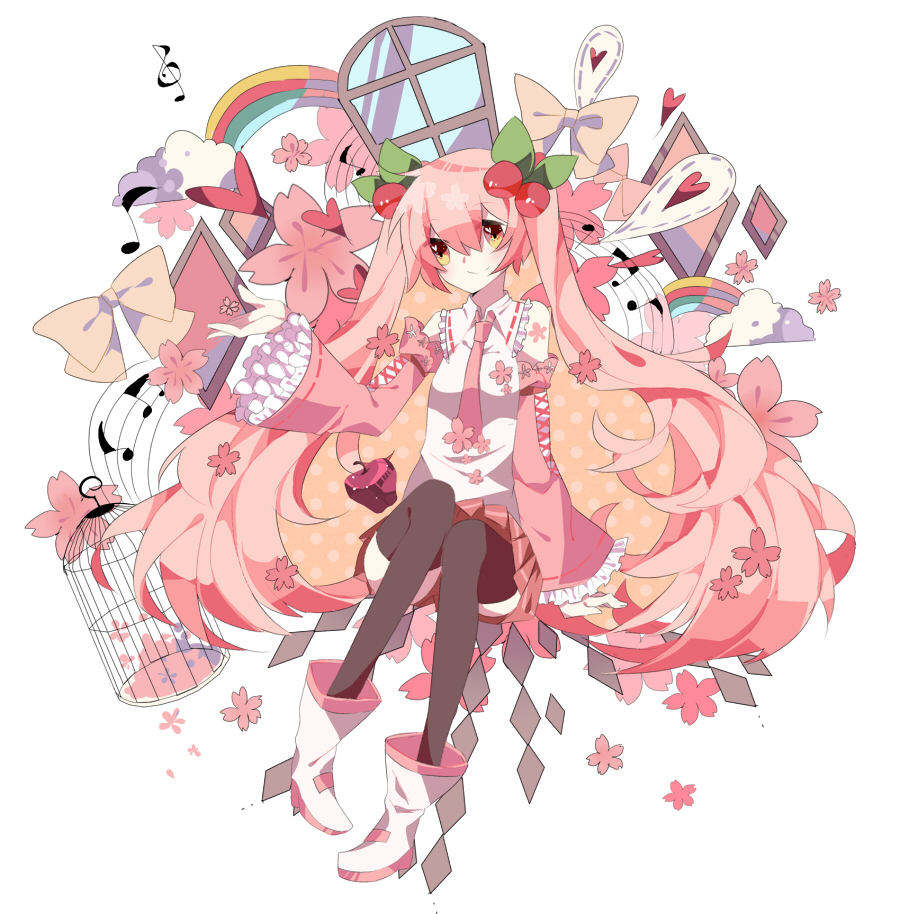 birdcage boots bow cage cherry detached_sleeves food fruit hatsune_miku heart long_hair musical_note necktie pink_hair rainbow sakura_miku skirt smile solo thighhighs twintails very_long_hair vocaloid white_background window yellow_eyes