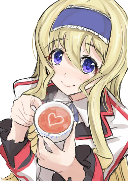blonde_hair blue_eyes cecilia_alcott cup heart infinite_stratos long_hair looking_at_viewer miyamoto_issa smile solo