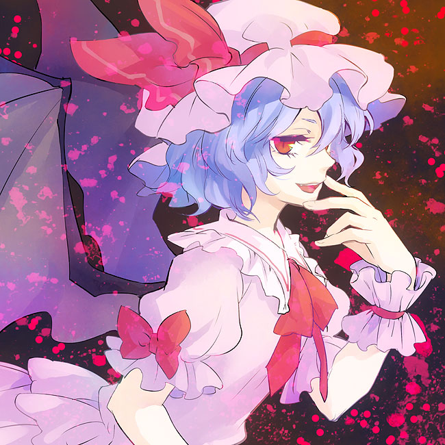 ascot bat_wings blood blue_hair brooch dress hat hat_ribbon jewelry looking_at_viewer mob_cap open_mouth red_eyes remilia_scarlet ribbon short_hair short_sleeves smile solo tomobe_kinuko touhou wings wrist_cuffs