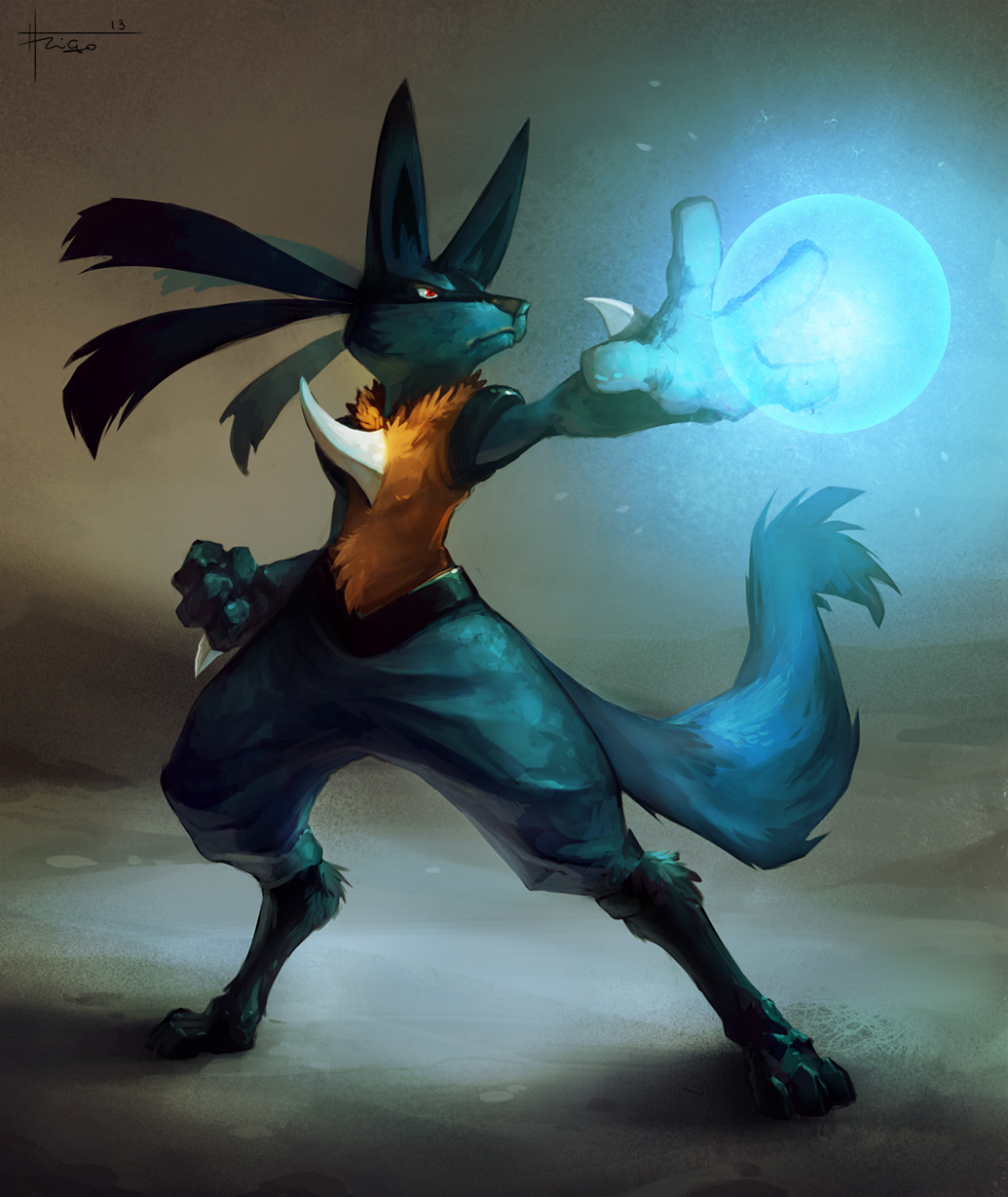 aura aura_sphere clenched_hand closed_mouth energy fighting_stance full_body gen_4_pokemon glowing gradient gradient_background highres lucario no_humans outstretched_arm pokemon pokemon_(creature) red_eyes signature spikes standing thiago_almeida