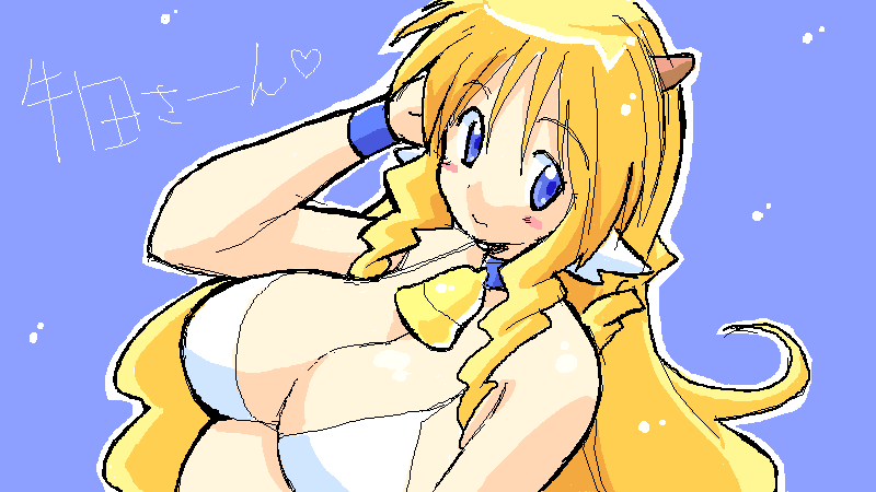 bell blonde_hair blue_background blush breasts choker cleavage cow_bell cow_horns gomamiso_(gomamiso_sp) heart horns large_breasts long_hair original simple_background solo ushita_kaoruko very_long_hair
