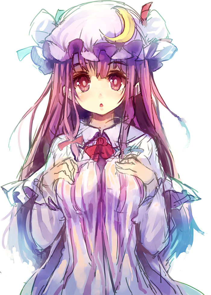 :o crescent hat long_hair looking_at_viewer patchouli_knowledge purple_eyes purple_hair sketch solo touhou ukyo_rst