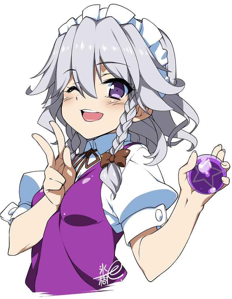 ;d artist_name ball blush bow braid hyouju_issei izayoi_sakuya looking_at_viewer maid_headdress one_eye_closed open_mouth purple_eyes short_hair signature silver_hair simple_background smile solo star touhou twin_braids upper_body v white_background