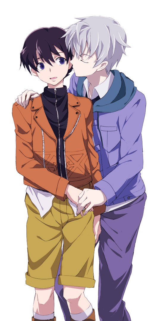 akise_aru amano_yukiteru artist_request black_hair boots closed_eyes from_behind hand_on_another's_shoulder hand_on_shoulder holding_hands hug imminent_kiss jacket male_focus mirai_nikki multiple_boys open_mouth pants purple_eyes shorts silver_hair yaoi