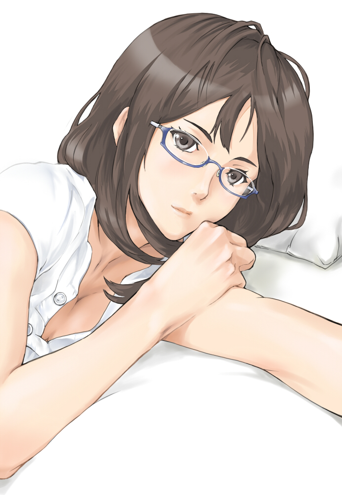breasts brown_eyes brown_hair cleavage face glasses lying medium_breasts on_side original outstretched_arm pillow shirt solo upper_body white_shirt yamaishi_(mukoubuti)