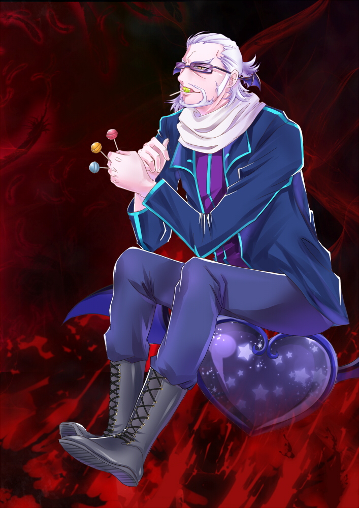 bel_(dokidoki!_precure) between_fingers boots candy ckhunge3 dokidoki!_precure food full_body glasses head_wings jacket lollipop male_focus mouth_hold old_man pants precure red_background scarf sitting smile solo white_hair yellow_eyes