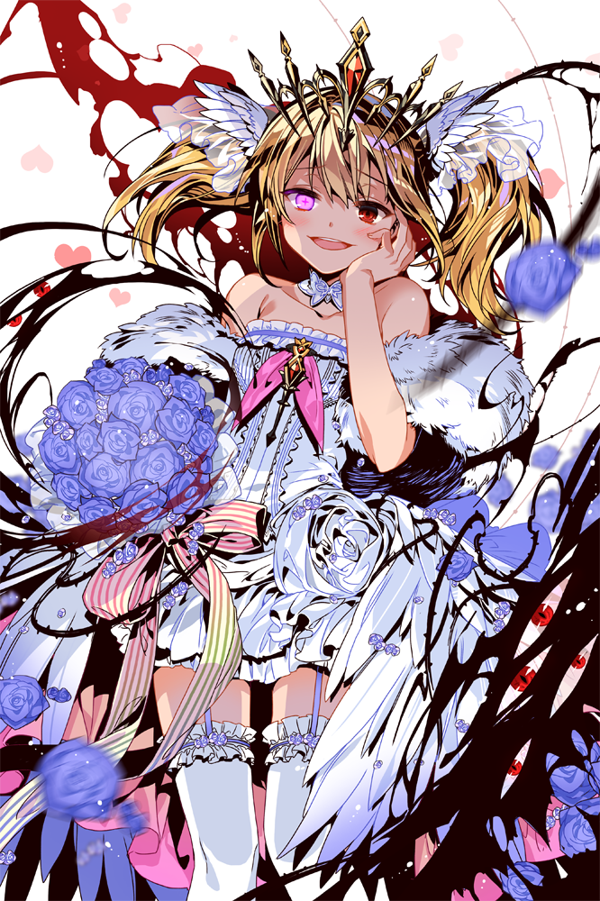 +_+ 1girl :d armpit_crease bangs bare_shoulders blonde_hair blood blue_flower blue_rose blush bouquet collarbone commentary crown detached_collar dress empew flower frilled_dress frills fur_trim garter_straps hair_ornament hand_on_own_cheek hand_up heart heterochromia holding holding_bouquet long_hair looking_at_viewer motion_blur open_mouth plant purple_eyes red_eyes ribbon rose sidelocks smile soccer_spirits solo standing striped striped_ribbon symbol-shaped_pupils thighhighs thorns twintails upper_teeth vines white_background white_dress white_legwear white_ribbon winged_hair_ornament yandere yeon_(soccer_spirits)