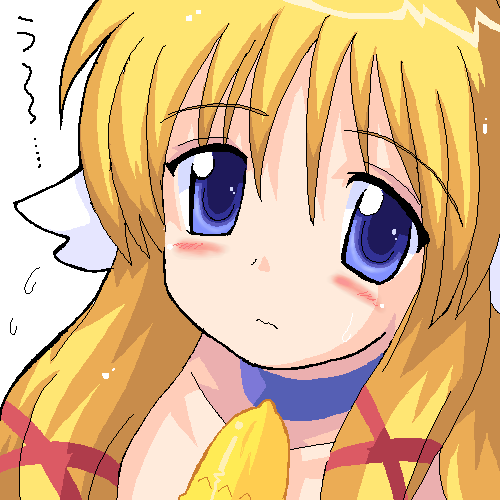 bell blonde_hair blush cow_bell gomamiso_(gomamiso_sp) long_hair looking_at_viewer lowres original simple_background solo ushita_kaoruko