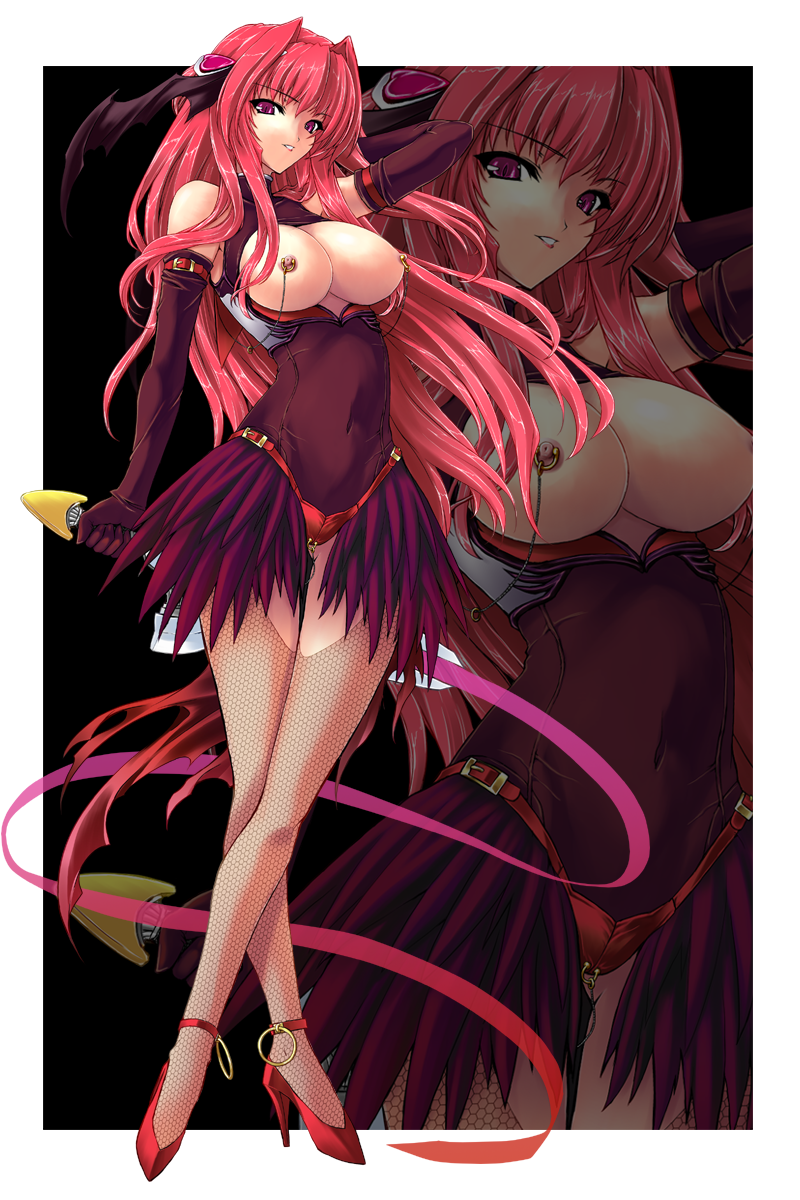 beat_angel_escalayer breasts breasts_outside clitoris_piercing elbow_gloves escalayer gloves highres inoino kouenji_sayuka large_breasts long_hair looking_at_viewer navel nipple_piercing nipples piercing purple_eyes red_hair solo zoom_layer