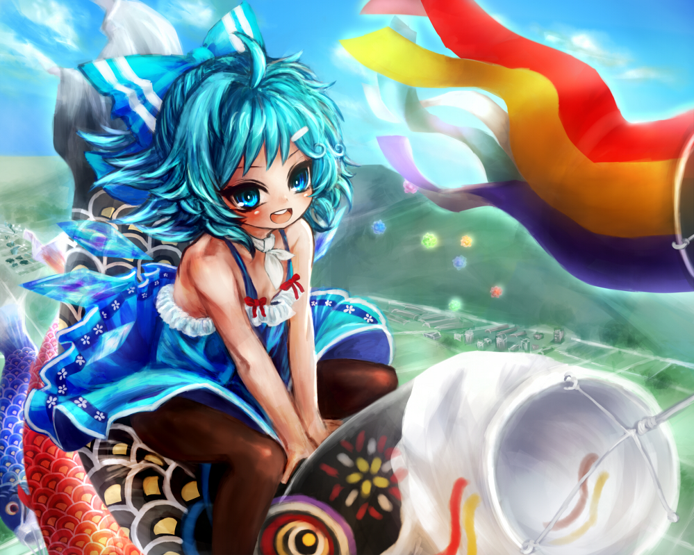 :d ahoge bare_shoulders black_legwear blue_eyes blue_hair blush bow cirno gobou_(gbu) hair_bow ice ice_wings looking_at_viewer open_mouth pantyhose short_hair smile solo touhou wings