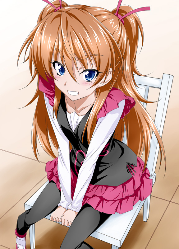 blue_eyes brown_hair chair grin houjou_hibiki long_hair nakahira_guy pants precure sitting skirt smile solo suite_precure two_side_up v_arms