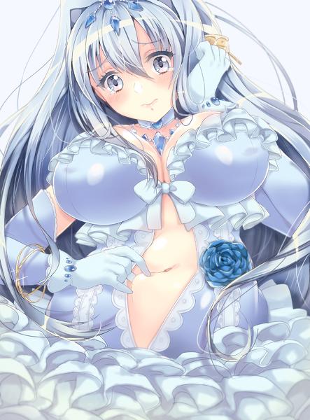 artist_request aurora_star_coral bermuda_triangle blush breasts cardfight!!_vanguard cleavage dress flower jewelry large_breasts long_hair looking_at_viewer necklace silver_eyes silver_hair white_dress