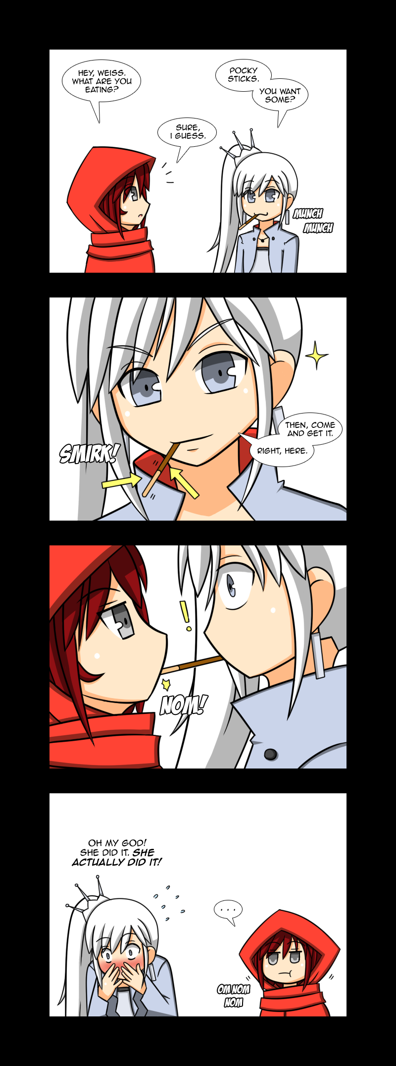 4koma :3 :t blush comic eating english food grey_eyes highres lunarisaileron multiple_girls pocky pocky_kiss red_hair ruby_rose rwby shared_food side_ponytail simple_background weiss_schnee white_background white_hair