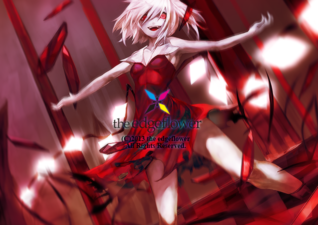 adapted_costume bare_arms bare_legs bare_shoulders crazy_eyes crazy_smile dress flandre_scarlet glowing glowing_wings looking_at_viewer outstretched_arms pink_hair red_skirt silver_hair skirt sleeveless sleeveless_dress solo tmt torn_clothes torn_dress touhou watermark wings