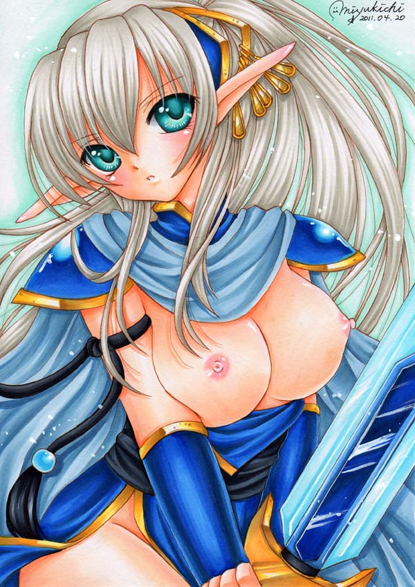 1girl blue_eyes blush breasts breasts_outside elf female long_hair looking_at_viewer mocomoco_party nipples original pointy_ears ponytail silver_hair solo sword weapon