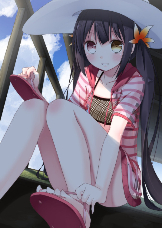 :d banned_artist bikini cloud day dutch_angle feet flip-flops flower from_below hair_flower hair_ornament hat heterochromia holding holding_shoes jacket long_hair mirai_(macharge) open_mouth original plaid plaid_bikini red_eyes sandals see-through shoes single_shoe sitting sky smile solo sun_hat swimsuit toes twintails very_long_hair yellow_eyes