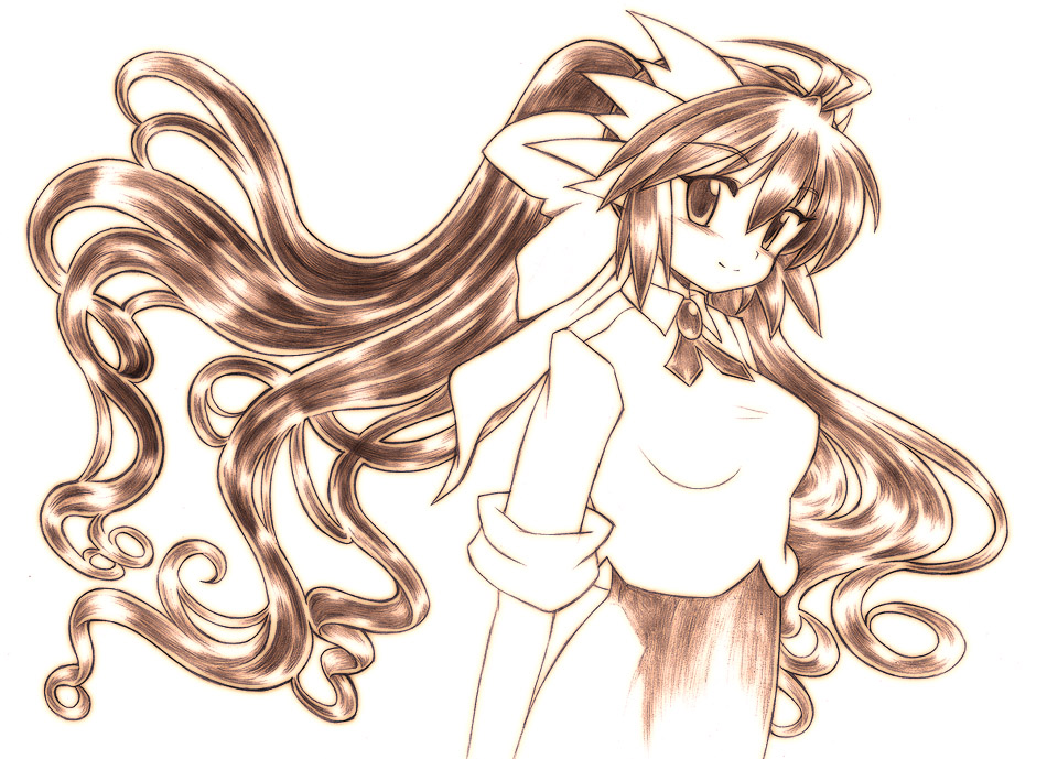 blush breasts gomamiso_(gomamiso_sp) long_hair looking_at_viewer medium_breasts miwajou monochrome original simple_background sleeves_rolled_up smile solo very_long_hair